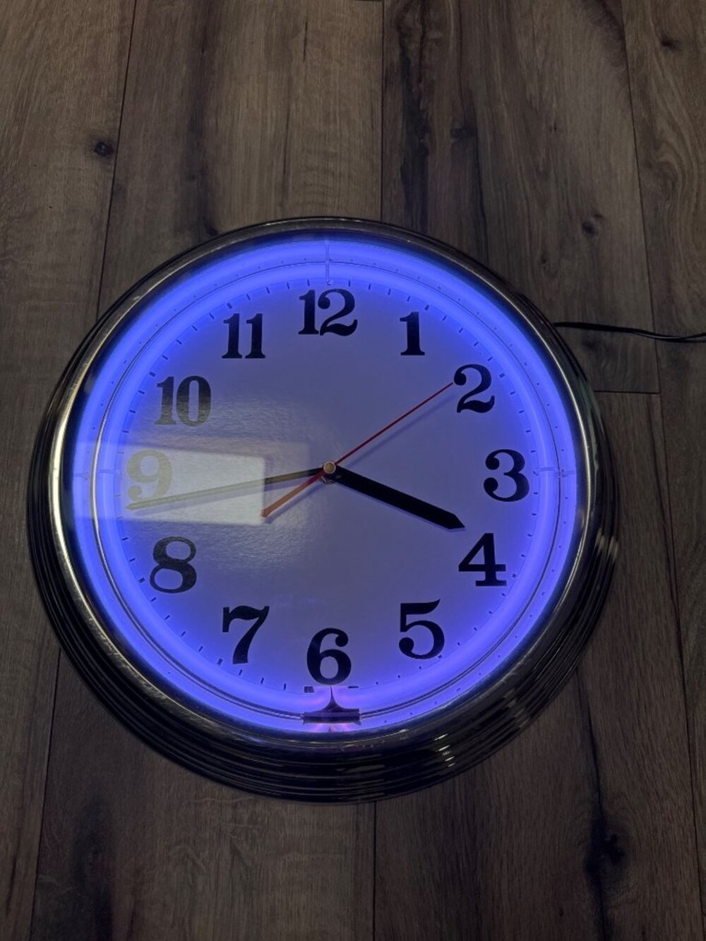 Large Pink Blue White Neon Wall Clock Retro Dinner Dual LED Light Modes & Quartz